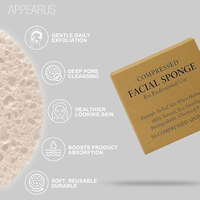 Appearus FACIAL SPONGES - COMPRESSED NATURAL CELLULOSE FACE SPONGE - MADE IN USA - SPA SPONGES FOR FACE CLEANSING, MASSAGE, PORE EXFOLIATING, MASK, MAKEUP REMOVAL (50 COUNT) (WHITE) - Image 2
